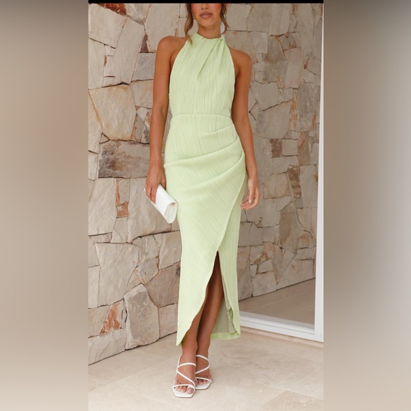 GREEN ELEGANT PLEATED ASYMMETRICAL FRONT MAXI DRESS - SMALL & MEDIUM AVAILABLE - Picture 3 of 3